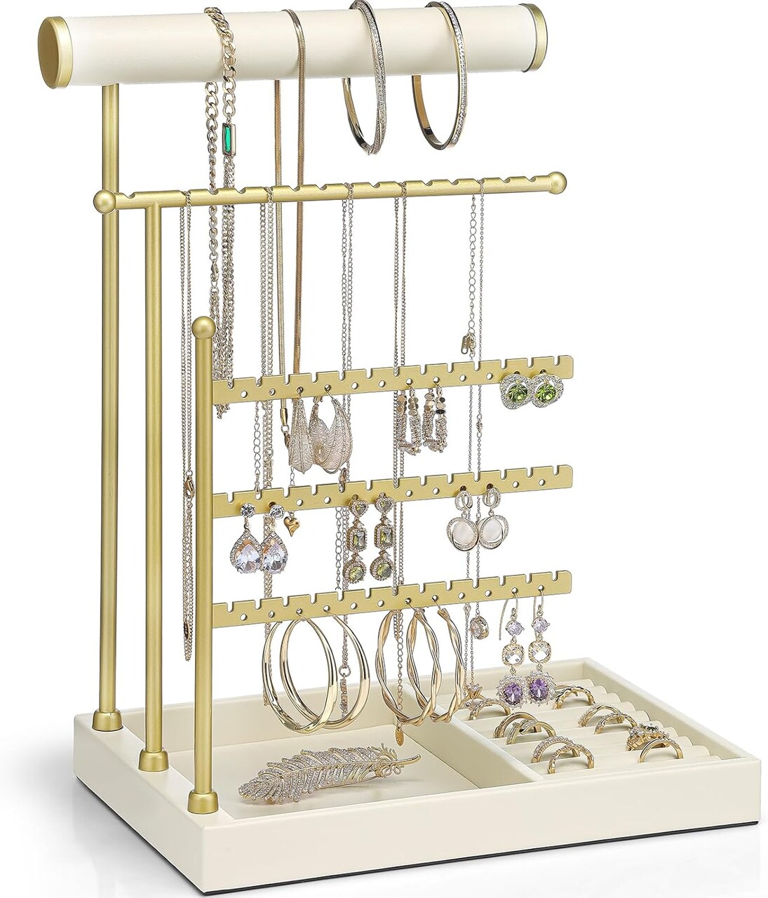 Jewelry Stand Organizer – Cloud White Holder with Ring Tray, Necklace Bracket, and Earring Display